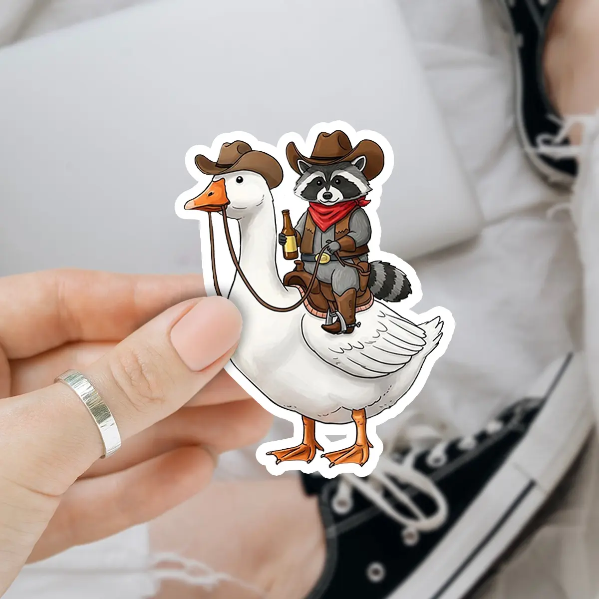 Cowboy Raccoon on a goose 3 inches Sticker, Waterproof Sticker for Laptop Water Bottle Book