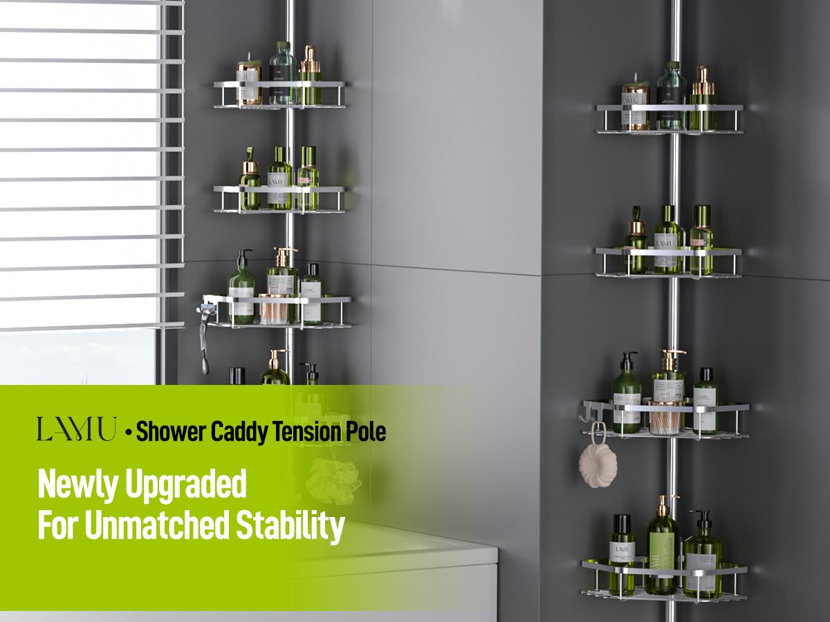 YECAYE 4 Tier Adjustable Corner Shower Caddy, Stainless Steel Rustproof Bathroom Organizer, No-Drill Tension Pole, Heavy-Duty Shelves & Hooks, Stainless Steel Corner Shower Caddy Tension Pole for Shampoo, Loofah, Bathtub Shampoo Storage