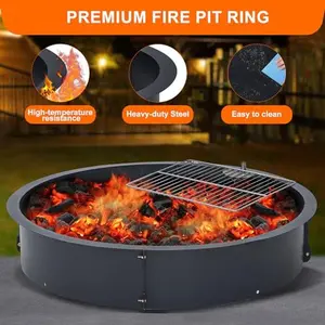 36 In Outdoor Circular Shape Steel Fire Pit Ring Insert, Heavy-Duty Solid Steel Liner with Rust-Proof Coat, Ember Control, and Cooking Grate for DIY Wood-Burning Patio, Camping Use