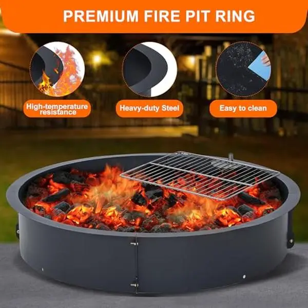 36 in Heavy Duty Firepit Metal Ring Insert - Round Outdoor Fire Pit Steel Liner with Rust-Proof Coat, Ember Control, Cooking Grate for DIY Wood-Burning Patio, Camping (Open Flame Accessory)