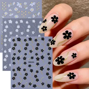 3 Pcs Flash Golden Silvery Curve Small Flower Nail Stickers, 3D Golden Edge Daisy Five-Petal Floral Blossom Nail Decals, Nail Art Decorations DIY Manicure Supplies