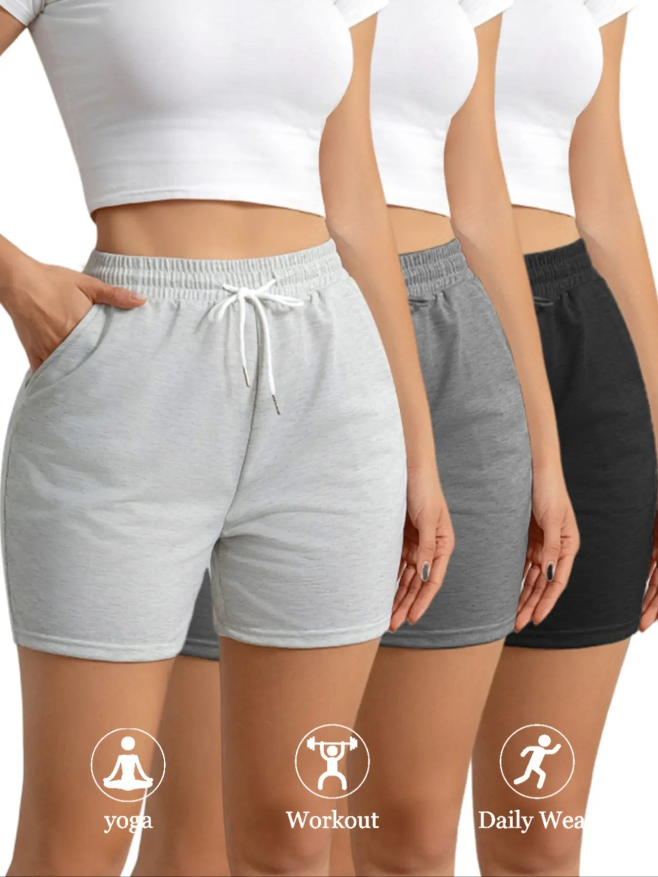 Women's 3-Piece Casual Slim-Fit Gym Drawstring Track Shorts Set with Pockets, Ideal for Gym Workouts, Running and Beach Activities, Suitable for All Seasons, Athletic Casual Shorts