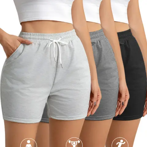 Women's 3-Piece Casual Slim-Fit Gym Drawstring Track Shorts Set with Pockets, Ideal for Gym Workouts, Running and Beach Activities, Suitable for All Seasons, Athletic Casual Shorts, Active Shorts