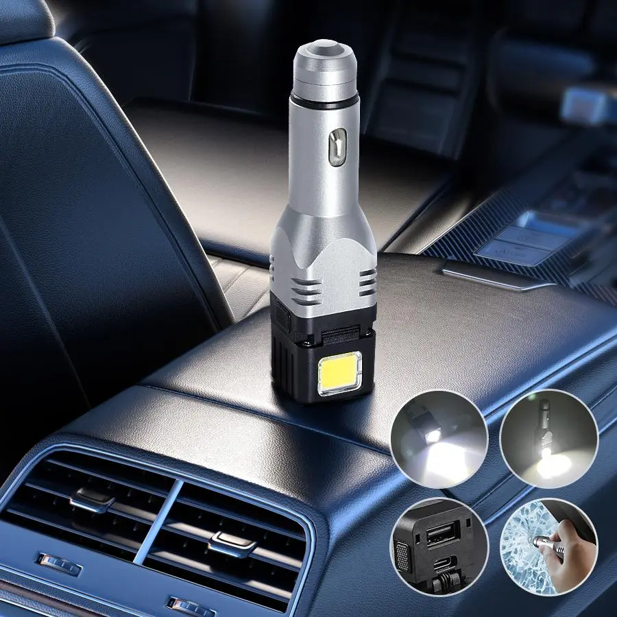 Portable Car Flashlight, 1 Box Multifunctional EDC Rechargeable Flashlight with 4 Modes, Car Charger, Window Breaking Hammer Function, Suitable for Emergency Self Rescue