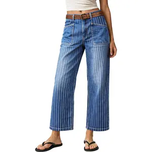 Flamingals Striped Patch Pocket Mid Rise Wide Leg Crop Jeans Womenswear Stretchy 25.0" Inseam