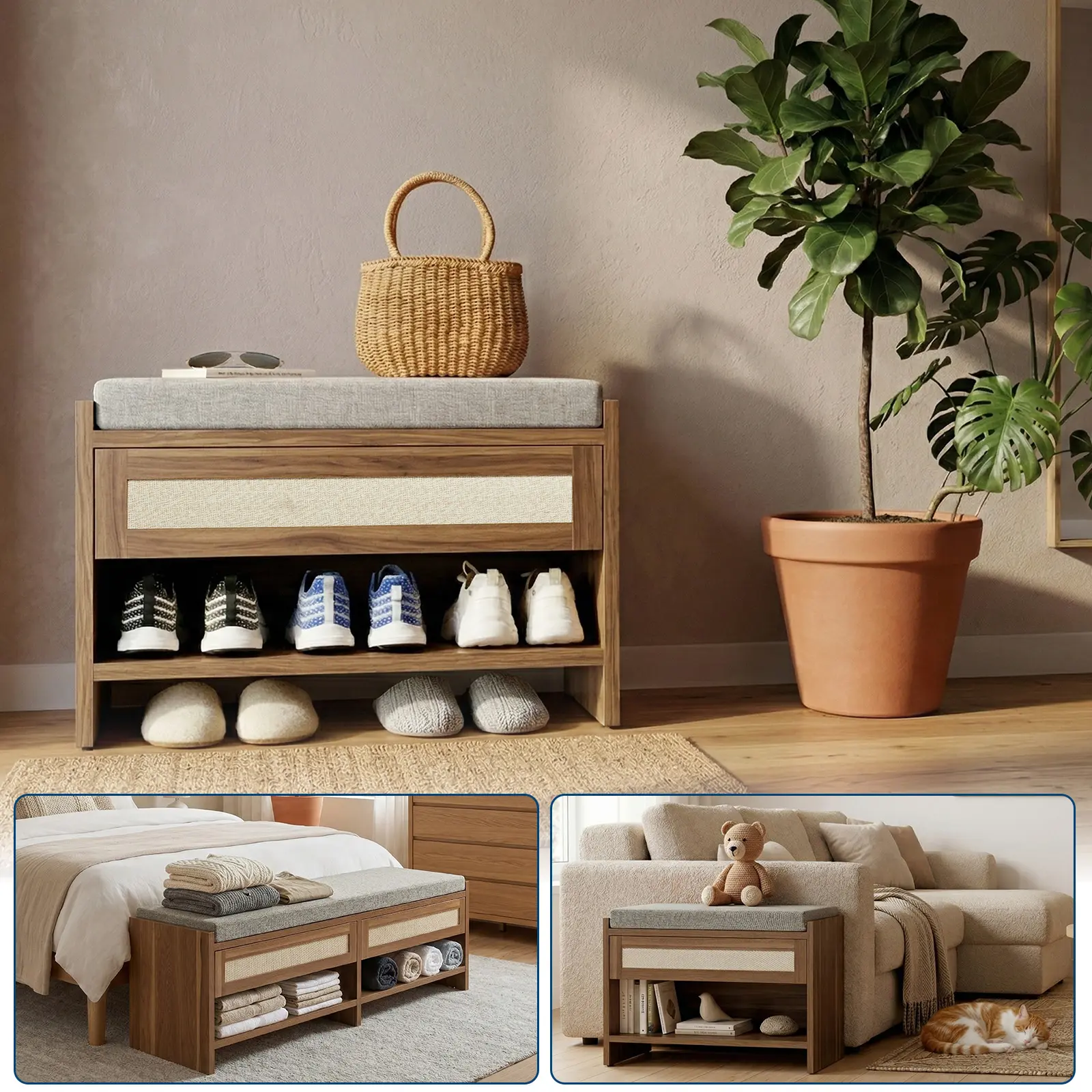 31in Farmhouse Rattan Entryway Shoe Bench with Storage Drawer & Padded Linen Seat, Wicker Bench Organizer for Hallway, Front Door & Bedroom