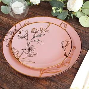 Set of 20 Plastic Round Dinner and Dessert Plates in Dusty Rose with Metallic Gold Floral Design - Stylish Disposable Dinnerware 8", 10"