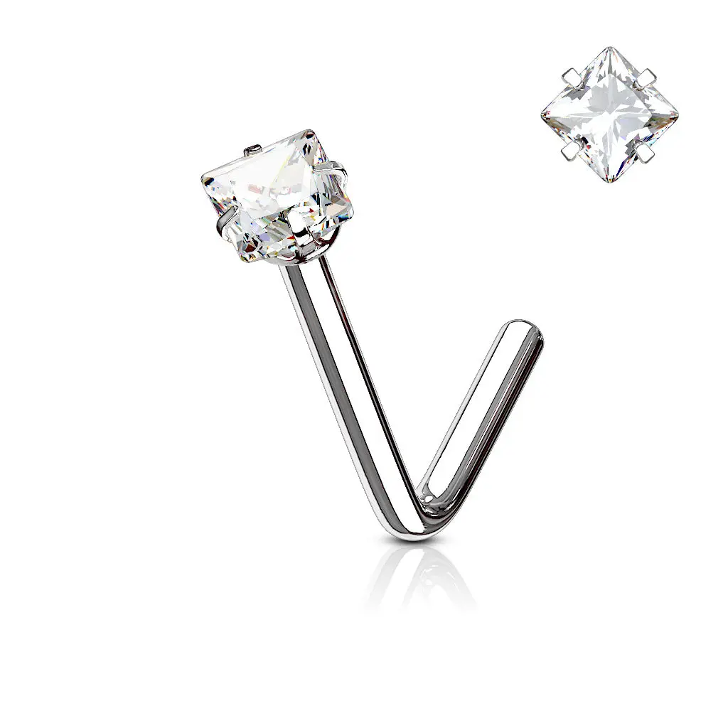 Square CZ Prong Set Nose Stud – 316L Surgical Steel L-Bend Nose Ring