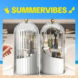 Dustproof Toothbrush Holders with Cover, 1pcs Rotating Electric Toothbrush and Toothpaste Holder for Bathroom Countertop, 3 Slots Transparent Makeup Brushes Organizer for Vanity Makeup Brushes Holder