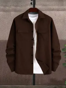 Men's solid color collar button-down shirt, versatile for all seasons, regular fit, Knit, soft and comfortable, suitable for daily casual wear, men's shirt jacket.