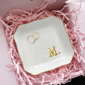 OASSIE Valentine Wedding Gifts – Initials Ceramic Jewelry Dish Tray 4"x4", Monogram Ring Holder, Bridal Shower, Engagement Gift for Women