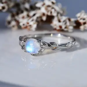 Silver Dainty Natural Moonstone Ring.  Round Moonstone Floral Ring. Floral Leaves Natural Moonstone Ring June Birthstone Birthday Silver Floral Ring Mothers Day Gift For Her Inspired Promise Celtic Leaf Ring