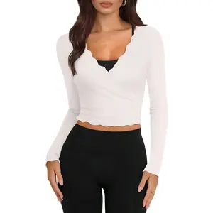 Womens Workout Tops Pilates Outfits for Women Long Sleeve Shirts Ballet Cover Ups Tie Front Wrap Tops Gym Sets