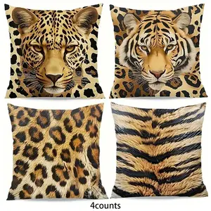 Leopard & Tiger Print Cushion Cover, 4 Counts/set Modern Animal Print Throw Pillow Cover, Household Decoration Supplies for Home Living Room Bedroom
