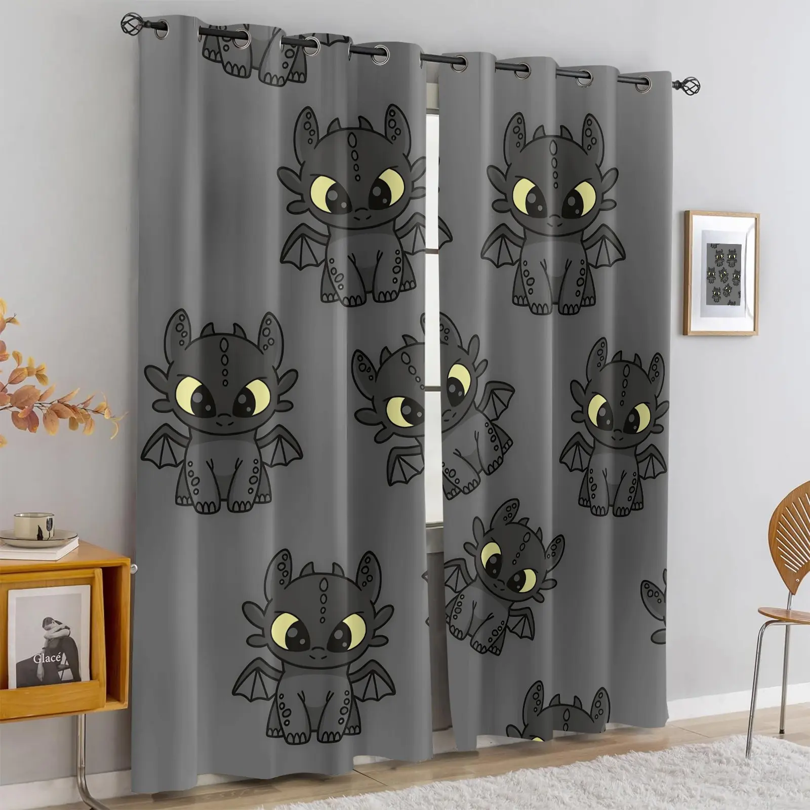 2 panels Cute Toothless Dragon Print Blackout Curtains, Cartoon Night Fury Pattern Thermal Insulated Window Drapes for Kids Bedroom, How to Train Your Dragon Fans Room Decor