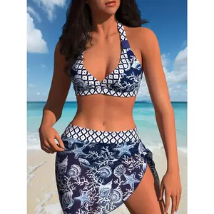 Polyester 2-Piece Bikini Set, European & American Split Neck Mesh Top with Yarn Skirt Bathing Suit for Sports & Outdoor Use