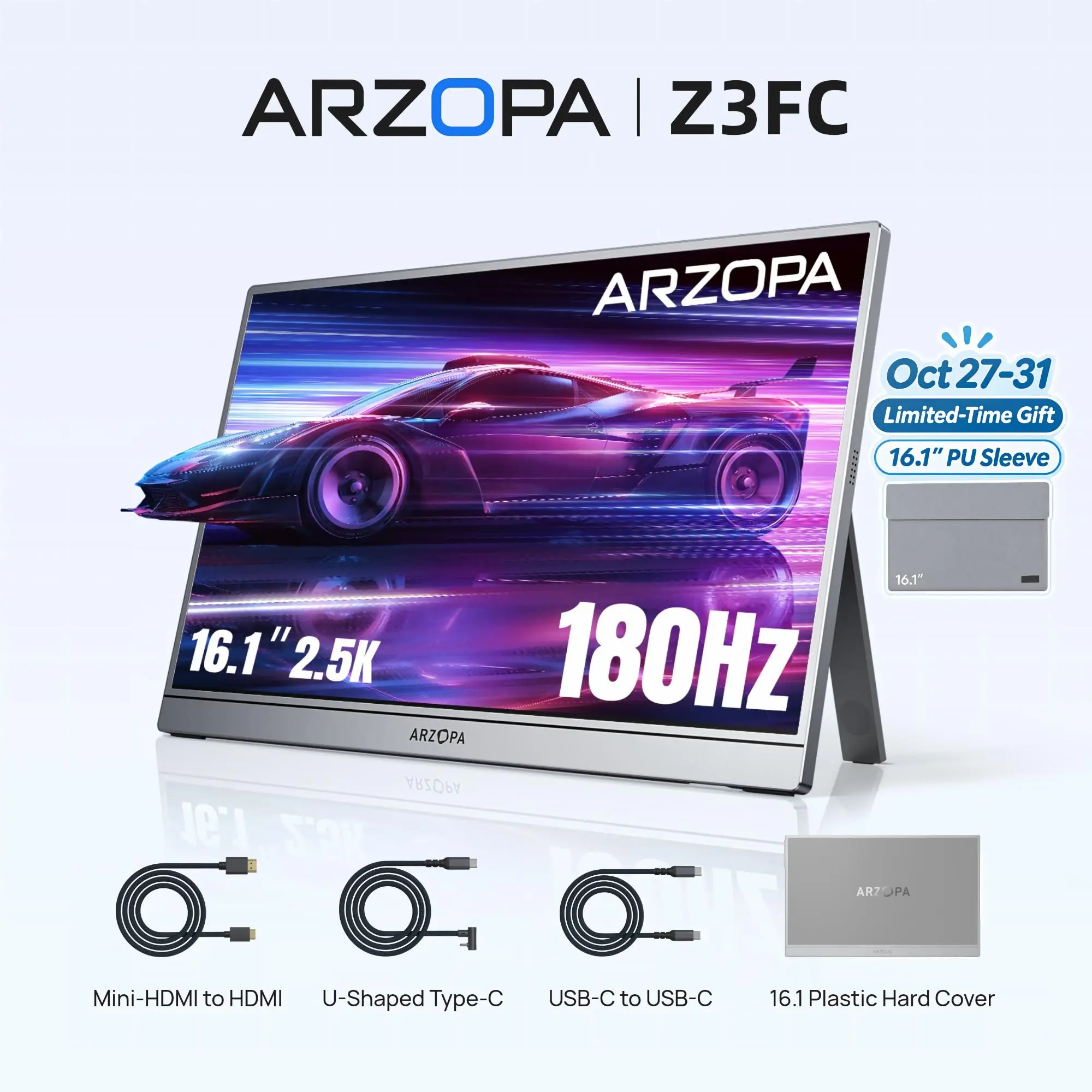 ARZOPA  Z3FC 16.1" Portable Gaming Monitors – 2.5K QHD 180Hz, Ultra Slim External Display for Laptops Gaming PC PS5 Xbox Mac with Built-in KickStand & Dual Speakers – Gray