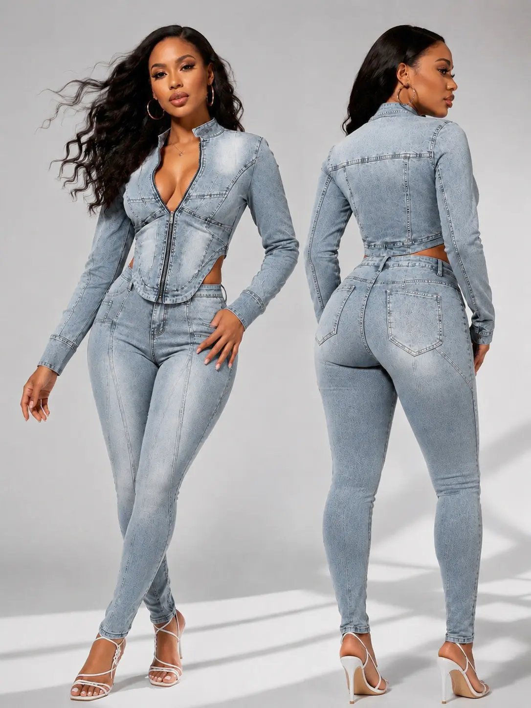 Women's Vintage Y2K Fashion Casual 2-Piece Denim Set, Stand-Collar Zip-Up Cropped Denim Jacket with Cutout Details & Curved Hem, Seam-Detail Stretch Skinny Jeans for Multiple Occasions & All Seasons