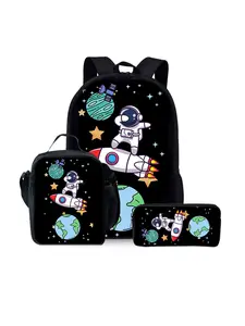 Astronaut pattern printed 17-inch backpack three-piece set (single-layer backpack + shoulder strap lunch bag + single-layer pencil case)