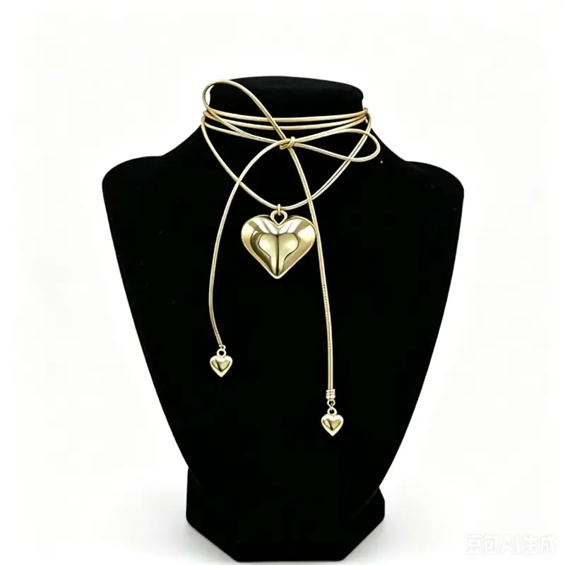 Women's Retro Golden Heart Classic Statement Necklace - 140cm Leather Rope Lariat with Textured Design, Fashionable Jewelry Accessories for Women, Gifts for Daily Use