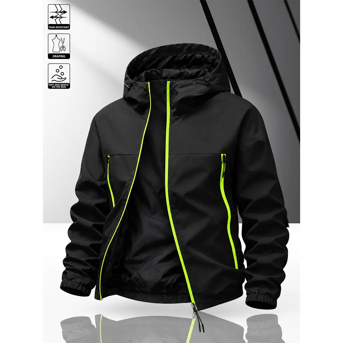 Men's loose-fit solid-color outdoor jacket, bright color contrast zip-up hooded top