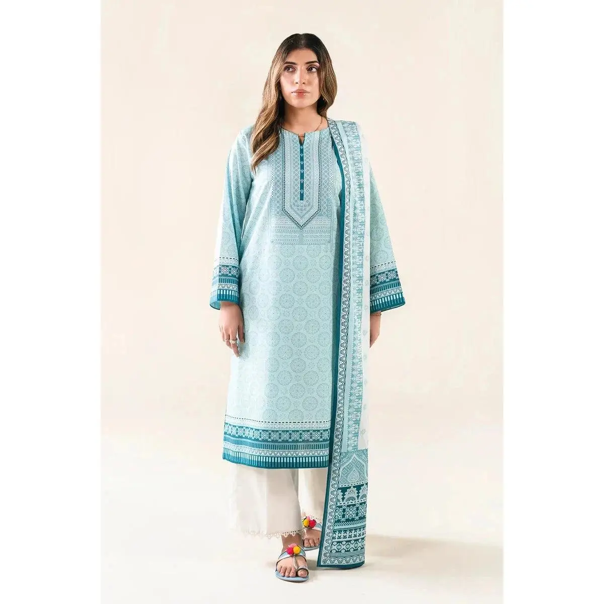 Women's 3-Piece Ethnic Stitched Ready-to-Wear Lawn Fabric Suit, Ice Blue, Breathable Fit, Includes Shirt, Matching Trouser & Elegant Dupatta Flow