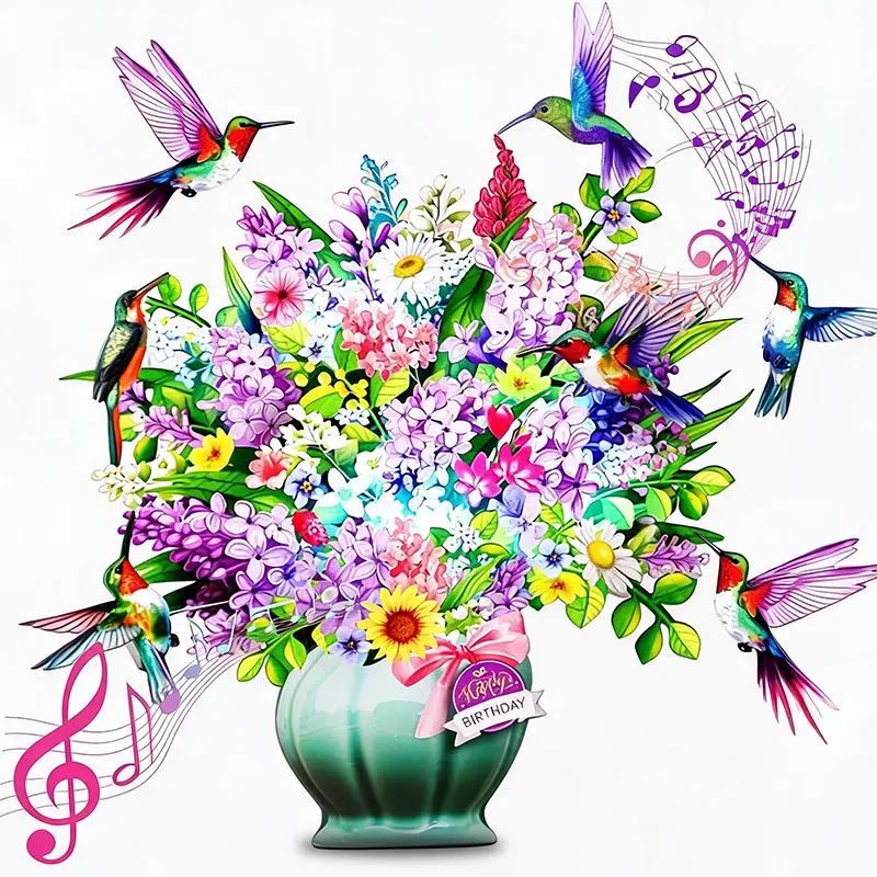 Birthday Cards, Light and Music Happy Birthday Card, Hummingbird Oasis, 10 Inch Life Sized Forever Flower Bouquet, 3D Pop Up Birthday Gift Card for Women Wife Mom Daughter Sister (Blank Notecard & Envelope)