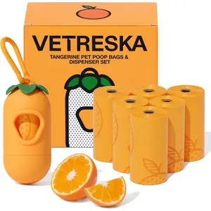 Dog Poop Bag Dispenser with Citrus Scented Waste Bags, Leak Proof, Extra Thick and Large Pet Poop Bags for Dog Walking and Cat Litter, 1 Count Holder and 105 Bags, Orange