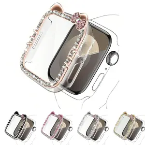 1pc Cartoon Pattern Shiny Rhinestone Decor Fashionable Glamorous Watch Case Cute Cat Ears Anti-fall 2 In 1 Ultra-Thin Tempered Glass Screen Protector Cover, For Apple Watch Case 40/41/42/44/45/46Mm, For Apple Watch Series SE/11/10/9/8/7/6/5/4, Intelligent