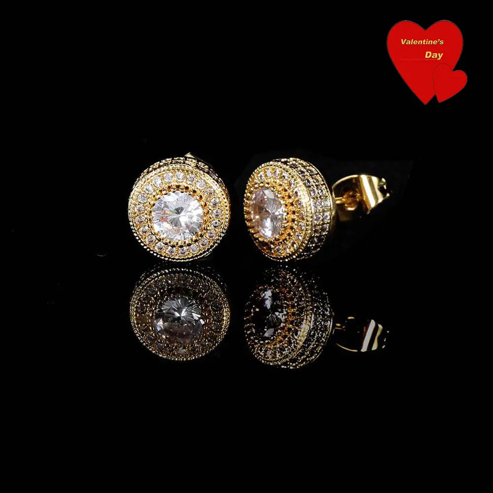 3A+ZC Round Sparkling Cubic Zirconia Stud Earrings - UUR Ice-Style Unisex Artificial Gemstone Jewelry, Women's Gold Earrings Studs Accessory Set