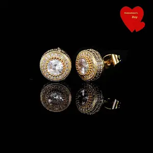 3A+ZC Round Sparkling Zirconia Stud Earrings, UUR Ice-Style Unisex Artificial Gemstone Jewelry Accessory, Gold Earrings Set for Women