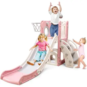 6 in 1 Toddler Playset with Slide,Toddler Slide,Slide for Kids with Basketball Hoop,Ball,Ring Toss,Kids Slide Toddler Playground Toddler Slide Indoor Outdoor Toys