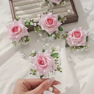 6pcs Rose and White Baby's Breath Elegant Corsage Set for Bride and Groom, Wedding Decor, Evening Parties, and Anniversary Celebrations（Available in a variety of colors）
