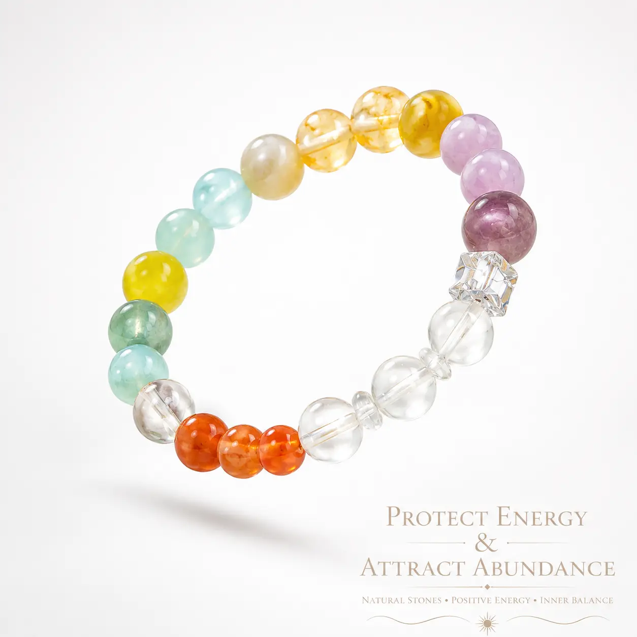 Designer Original Series Mediterranean-Style Colorful Lucky Charm Bracelet with Natural Gemstones & Diamond Accent for Good Luck & Wealth Protection Smoky Quartz Rose Quartz Multi-Gemstone  Bracelet