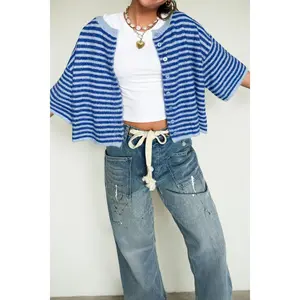 Blue Stripe Loose Half Sleeve Knit Button Down Sweater Cardigan