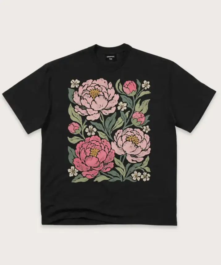 Peony Graphic T-Shirt, Pink Distressed Botanical Floral Tee, Romantic Cottagecore Garden Shirt #SohoChic
