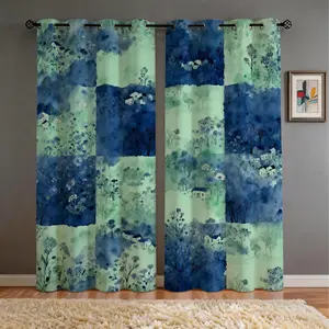 2 Panels Watercolor Landscape Checkered Curtains, HD Digital Printed Blackout Curtains, 85% Light Blocking Rate, Dustproof Decorative Curtains for Bedroom and Living Room