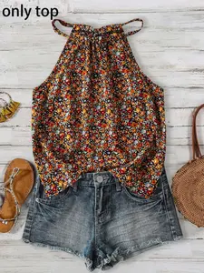 1 Spring Summer Floral Halter Top Women (Only Top Included) | Boho Sleeveless Loose Casual Blouse | Cottagecore Retro Style for Vacation Beach Daily Travel Wear