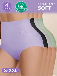 Women's High Waist Cotton Underwear, 4 Pack Comfortable Fitted Panties, Breathable & Soft Fabric, Casual Style for All Seasons