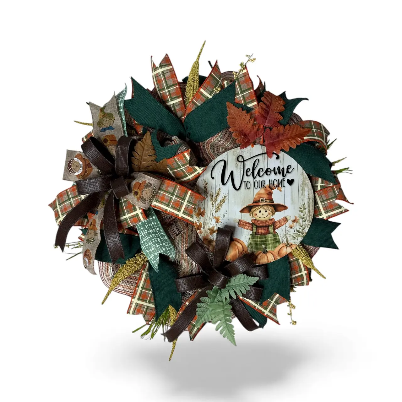 Fall Scarecrow Wreath for Front Door Rustic Welcome Wreath Autumn Decor Farmhouse Plaid Ribbon Wreath Thanksgiving Door Hanger for Home
