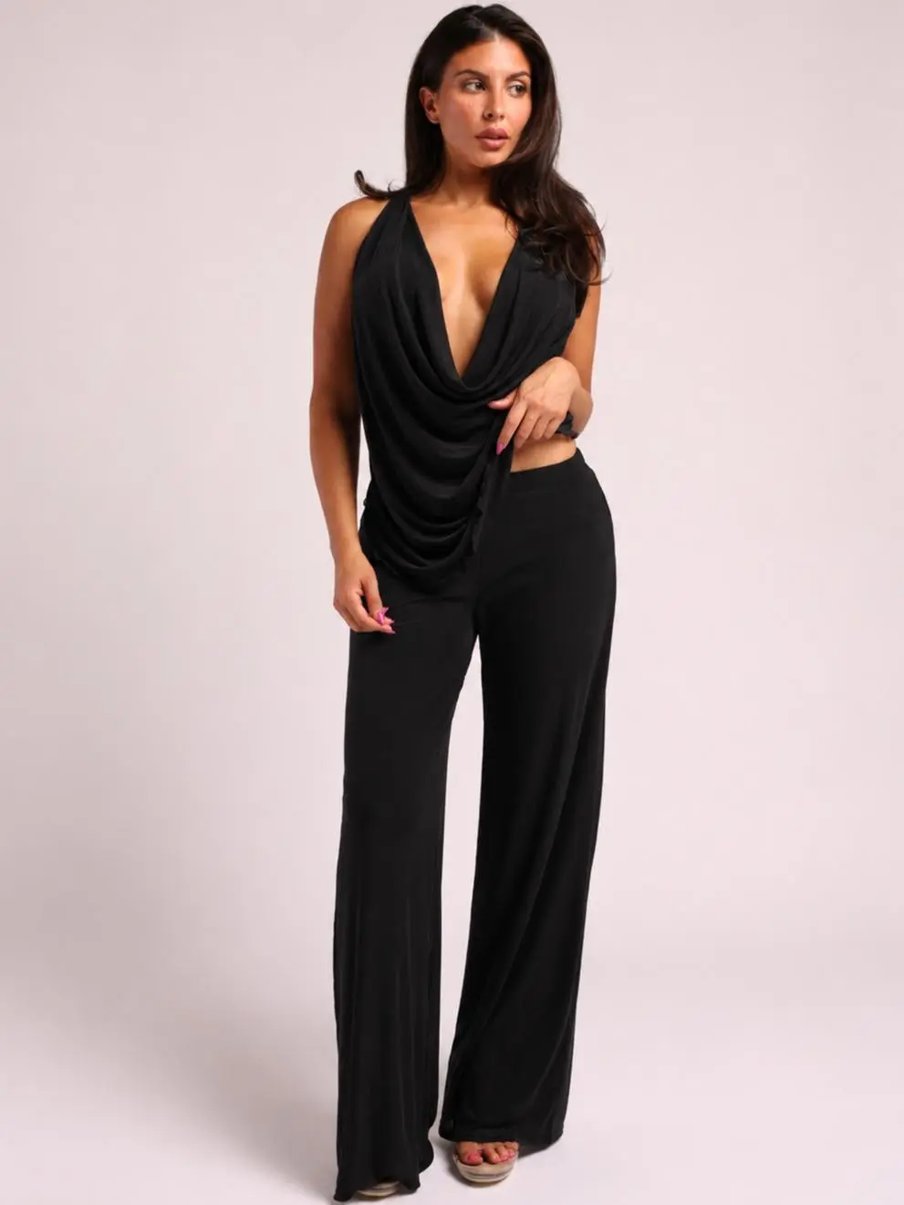Women's 2-Piece Fabric Set - Chic Mesh Cowl Neck Sleeveless Halter Top, Stretchy Breathable Wide Leg Pants for Summer Beach Resort Vacation, Resort-Themed Pants & Top Sets, Pants & Top Sets