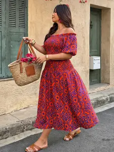 Plus Size Women's Geometric Print off Shoulder Dress, Bubble Sleeves, Waist Cinched, Flowy Hem, Boho Casual Summer Fashion