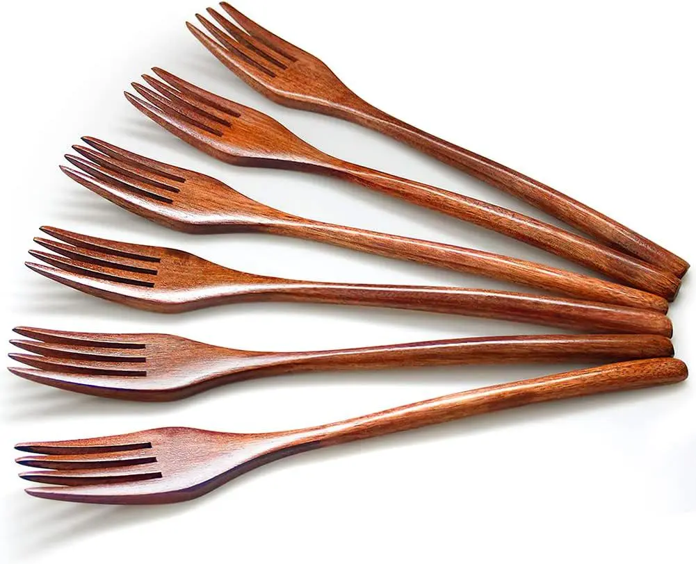 Natural Solid Wood Reusable Cutlery Set - 6-Pcs Fork Kitchenware, Simple Tableware Utensils for Serving Home Meals, Travel & Camping Essentials