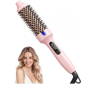 3-in-1 Curling Iron Thermal Brush for Blowout – 1.5 Inch Heated Round Brush with Negative Ions, Dual Voltage, Dual PTC, 6 Heat Settings, Salon Smooth Hair, Less Frizz, Travel-Friendly, Pink