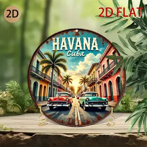 Vintage Havana Cuba Metal Wall Art - Circular Retro Car & Classic Architecture Tin Sign for Home, Garage, Cafe Decor - Cuban Scene Indoor Decoration with Vibrant Colors, Easy Hook Installation,  Perfect for Room Decor