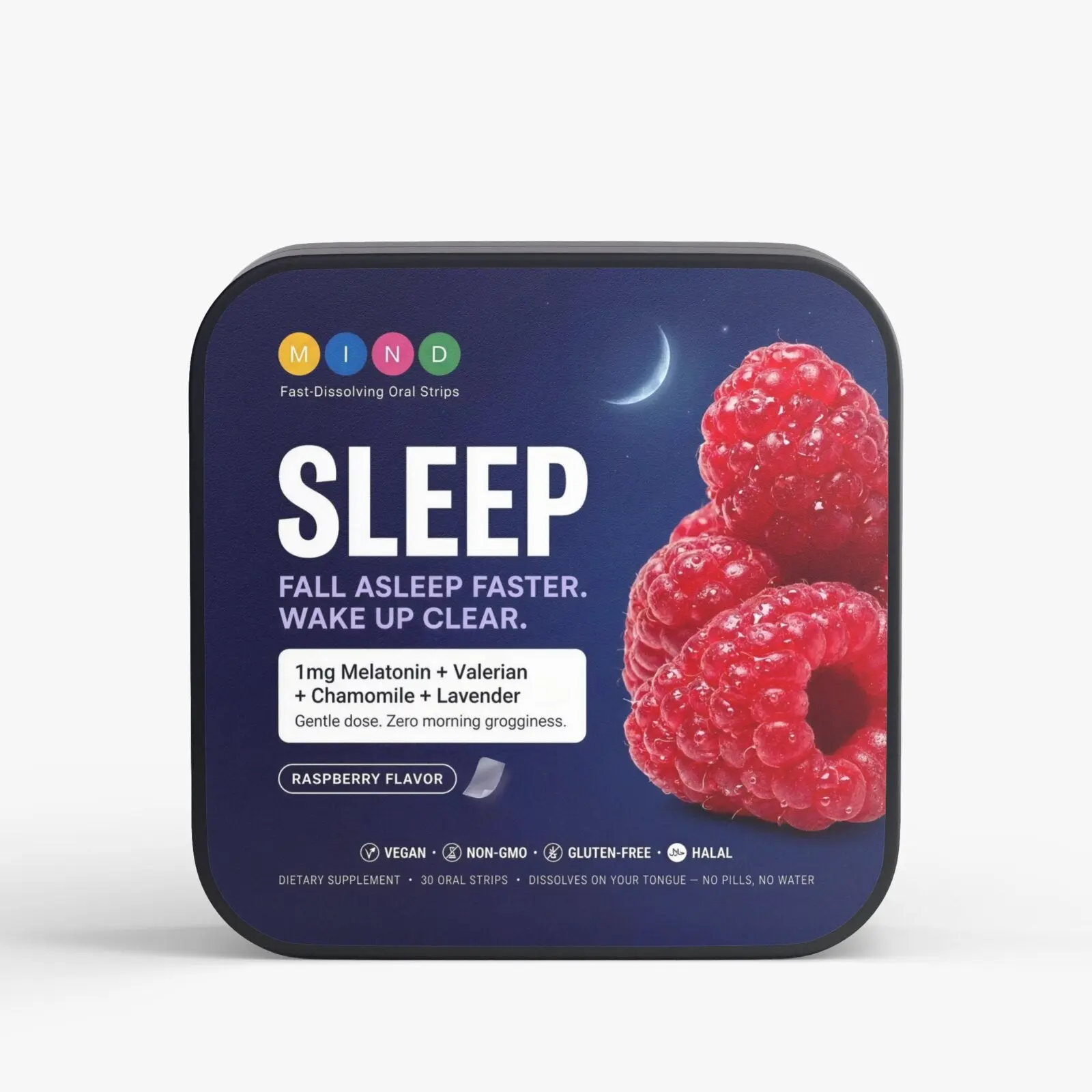 MindStrips Sleep Strips, Raspberry Flavor, 30 Fast-Dissolving Oral Strips, 1mg Melatonin + Valerian + Chamomile + Lavender, Fall Asleep Faster, Vegan, Non-GMO, Gluten-Free, No Pills, No Water