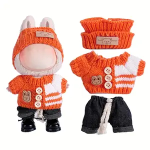 Orange Labubu Doll Clothes for Labubu with 3 Outfits - - Stylish Fisherman Hat & Sweaters & Pants or skirt Set for 6.69inch Dolls, Adorable buLabu Accessories for Play & Display, Lifelike Doll Clothing (Not Included shoes & Doll)
