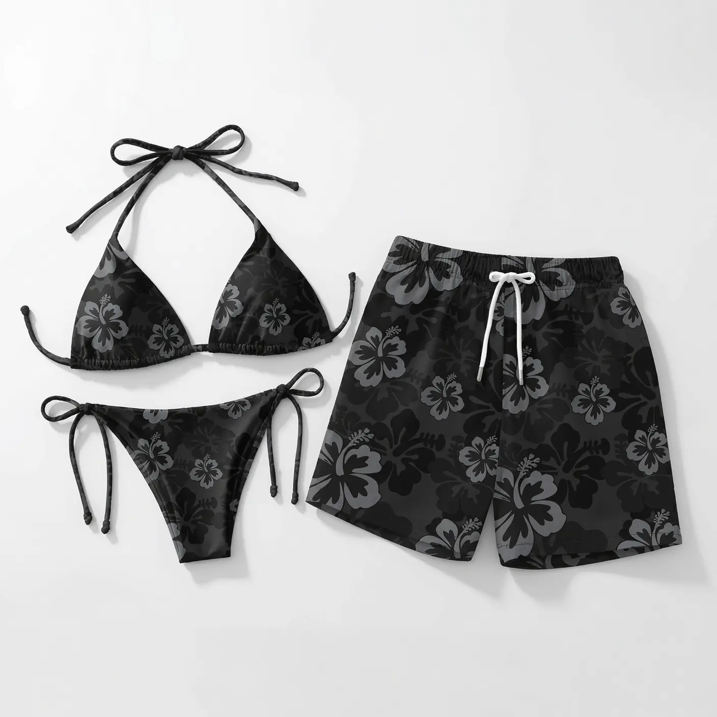 Black Hibiscus Floral Matching Couple Swimwear Set, String Bikini and Hawaiian Shorts, His and Hers Tropical Beach Vacation Outfit, Summer Gift