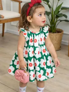 Toddler Girl's Polka Dot/Floral Print Ruffle Trim A Line Dress, Boho Fashion Butterfly Sleeve Dress for Beach Holiday Vacation, Kids Summer Clothes