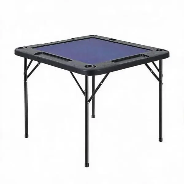Folding Square Mahjong Game Table for 4 Players - Blue Felt Top, Cup Holders & Chip Trays - Portable Card/Poker/Domino Board Game Desk, 90cm (35.4 in)